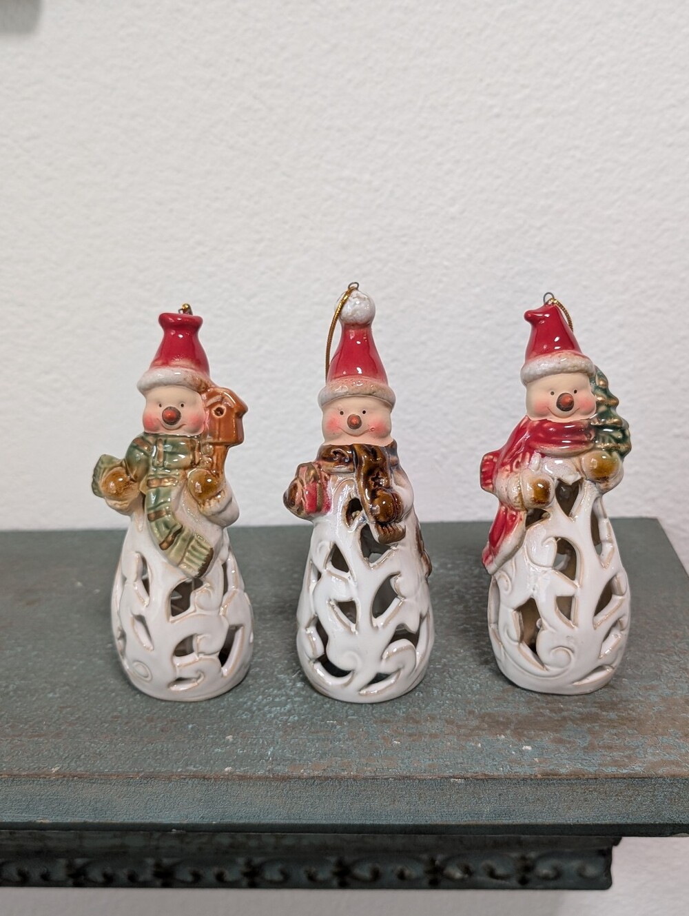 3 Snowman Snowmen Ringing Bell Ceramic Figurines Christmas Holiday Ornaments